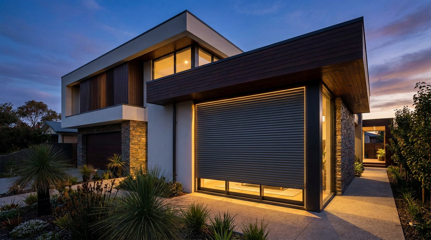 Maison contemporaine avec volet roulant électrique abaissé, éclairée par des lumières LED au crépuscule.