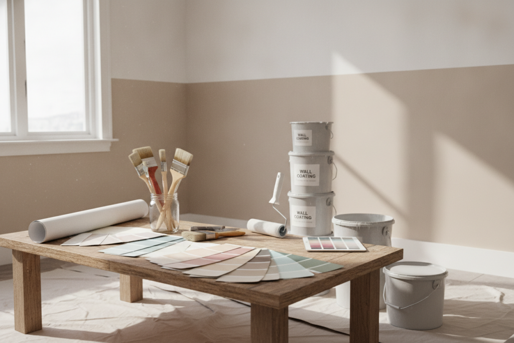 Nuancier de peinture, rouleau et mur en cours de rénovation dans un intérieur lumineux.