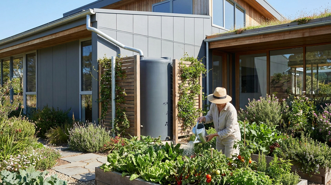 Une personne arrose son potager avec un arrosoir rempli grâce à un récupérateur d'eau de pluie installé contre une maison.