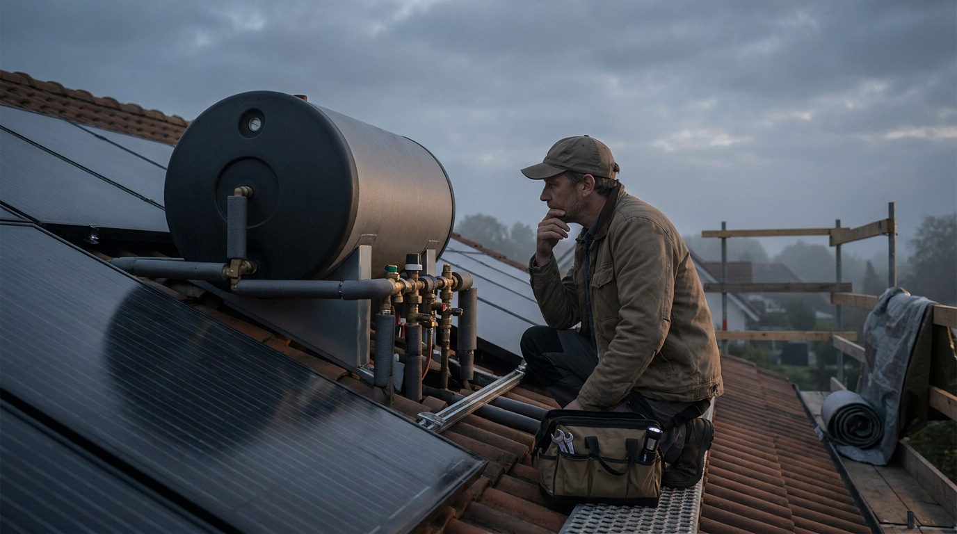 Un technicien réfléchit devant un chauffe-eau solaire installé sur un toit sous un ciel gris et nuageux.