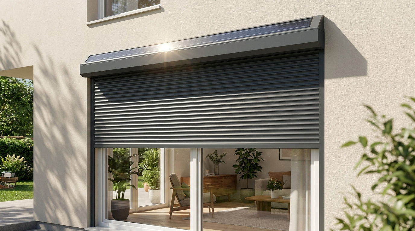Volet roulant solaire gris installé sur une fenêtre de maison moderne avec un panneau photovoltaïque en partie haute.