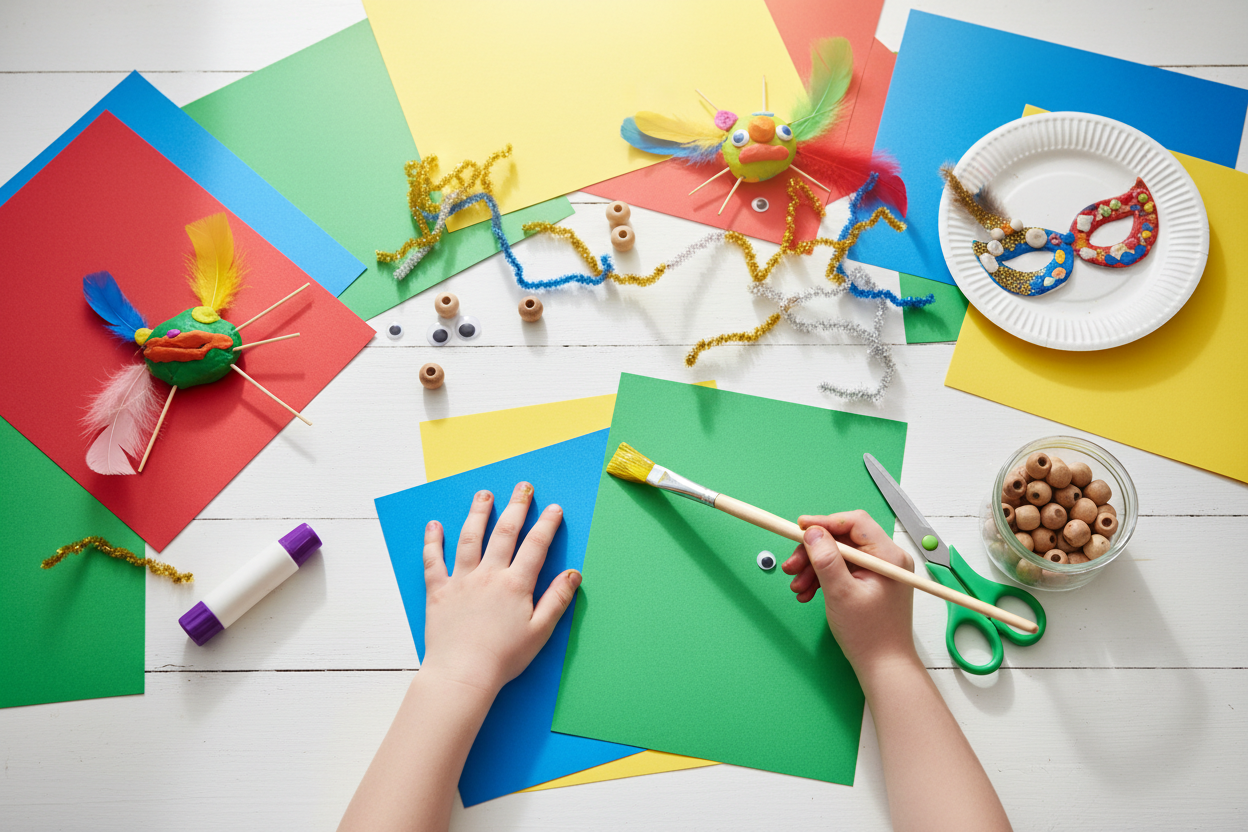 Matériaux de loisirs créatifs pour enfants colorés et variés disposés sur table en bois blanc.