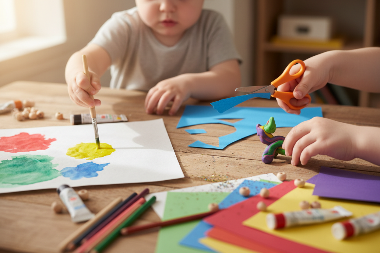 Mains d'enfants réalisant diverses activités manuelles colorées autour d'une table d'atelier.