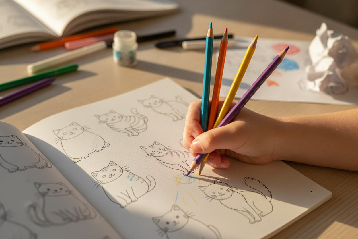 Enfant coloriant un dessin de chat avec des crayons de couleur sur un livre de coloriage.