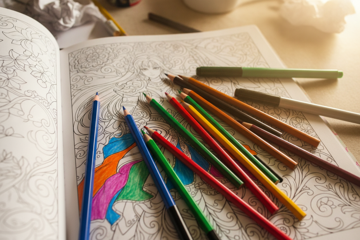 Crayons colorés et marqueurs sur une page de coloriage manga avec contours de personnages détaillés.