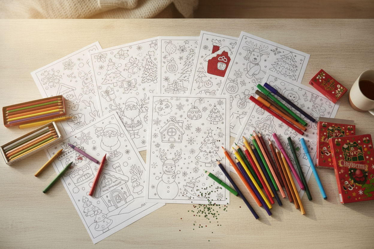 Coloriages de Noël imprimés en A4 avec crayons de couleur sur une table en bois clair