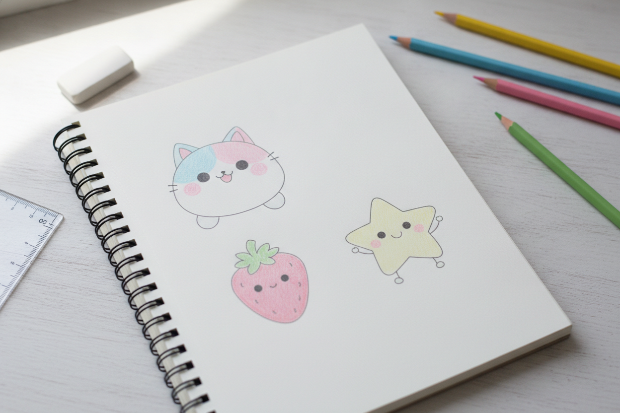 Carnet de dessin avec des personnages kawaii simples et colorés, crayons de couleur pastel, style débutant.