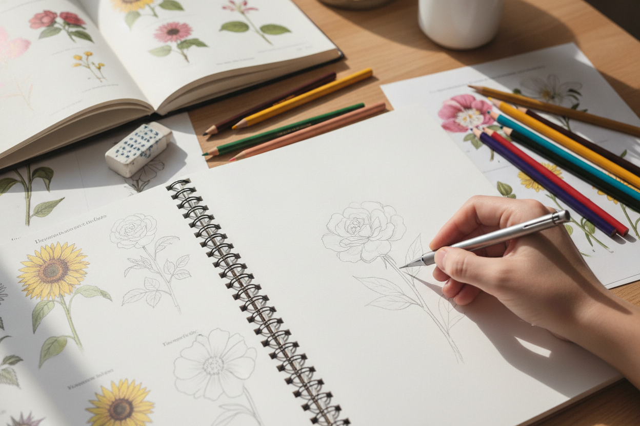 Main dessinant une fleur au crayon sur un carnet blanc entouré de matériel artistique et d'études botaniques.