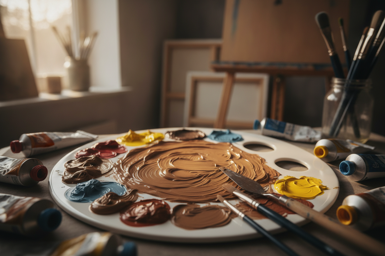 Palette de peinture avec tubes de couleurs primaires et nuances de marron mélangées.