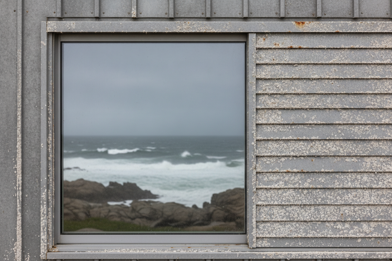 Fenêtres aluminium laqué en environnement côtier exposées aux embruns salins marins.